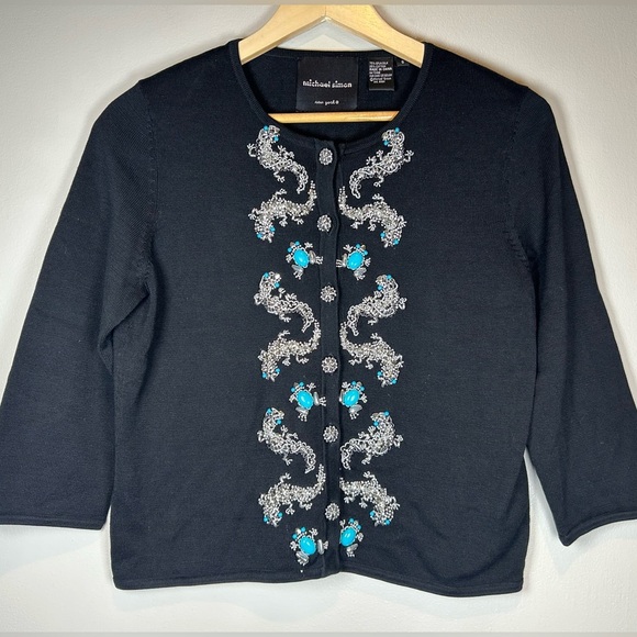 Michael Simon Black Cardigan with Silver & Turquoise Beaded Frogs Geckos Size S - Picture 5 of 11